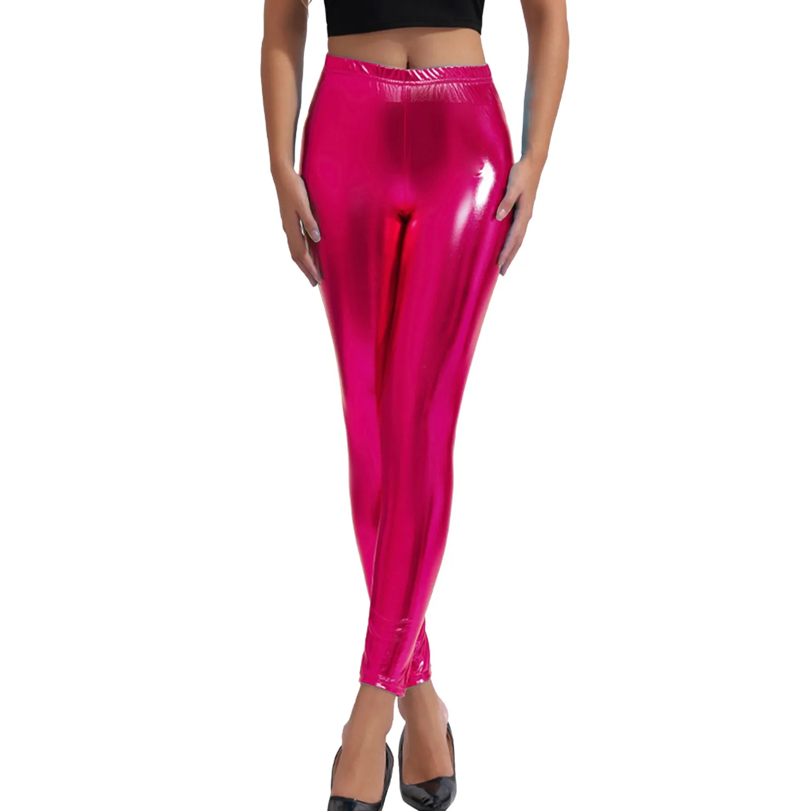 Women's Stretchy Faux Leather Leggings Sexy Metallic Color Wetlook High Waisted Tights Leggongs Slim Fit Clubwear Summer Pants