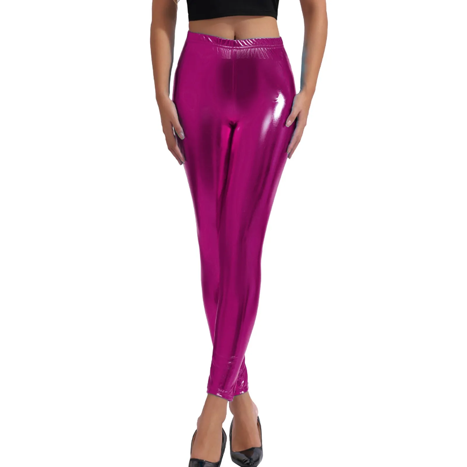 Women's Stretchy Faux Leather Leggings Sexy Metallic Color Wetlook High Waisted Tights Leggongs Slim Fit Clubwear Summer Pants