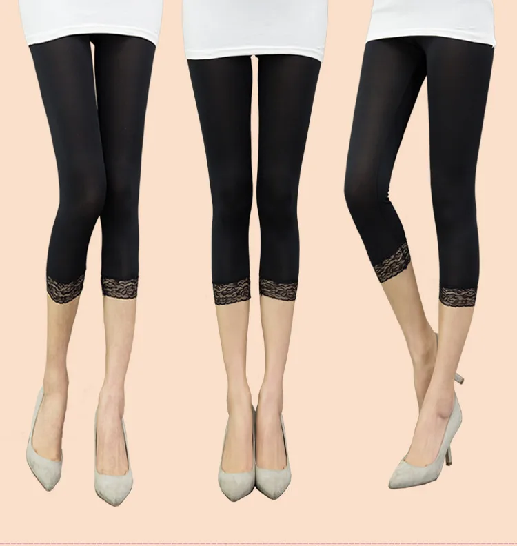 Thin Design Summer Short Leggings Women Lace Jeggings Cropped Basic Pants Push Up Capris Skinny Leggin Girl Black White Plus