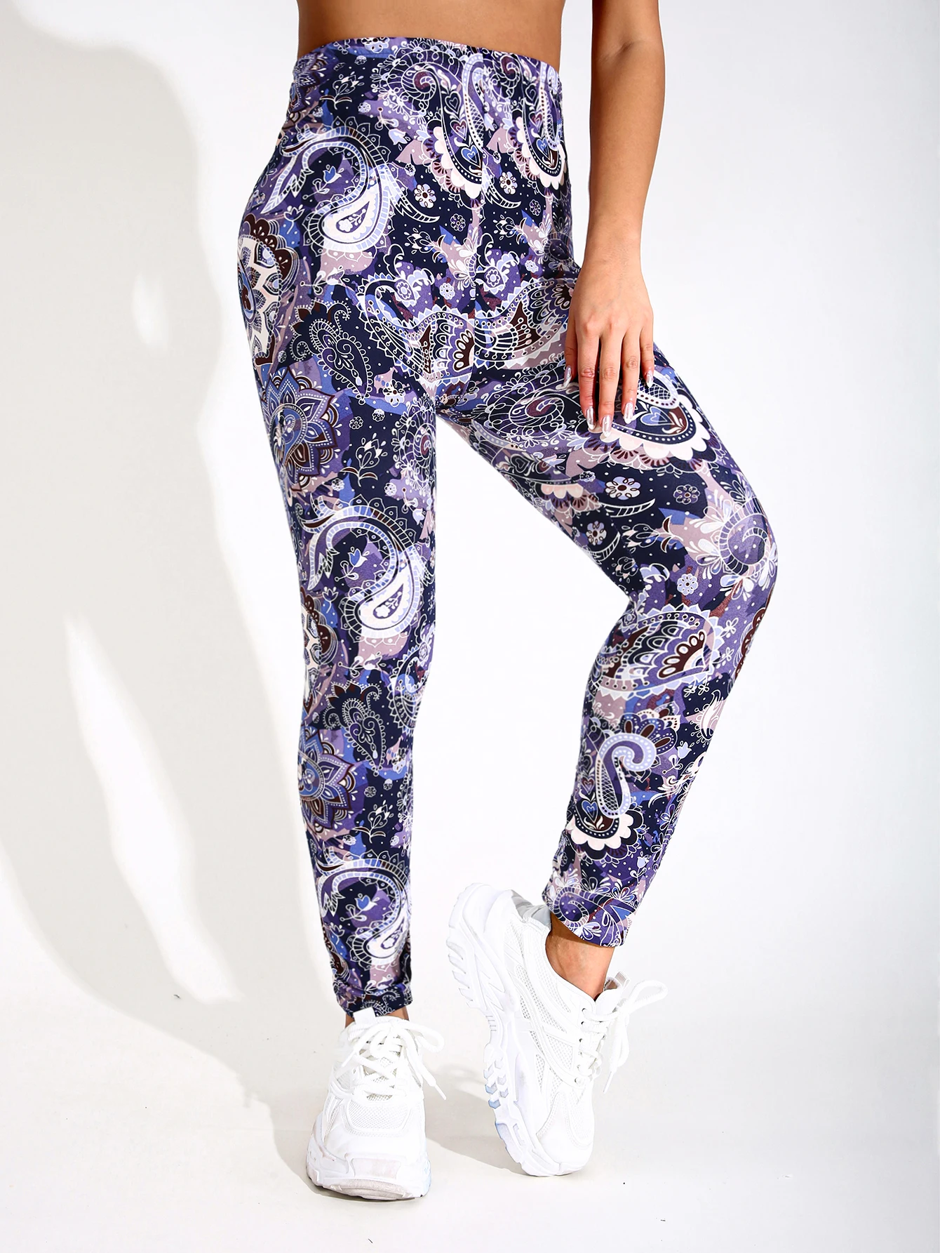 Purple Flower Print Casual Tight Pants For Women High Elasticity Fitness And Yoga Pants Sexy Nine Point Pencil Pants