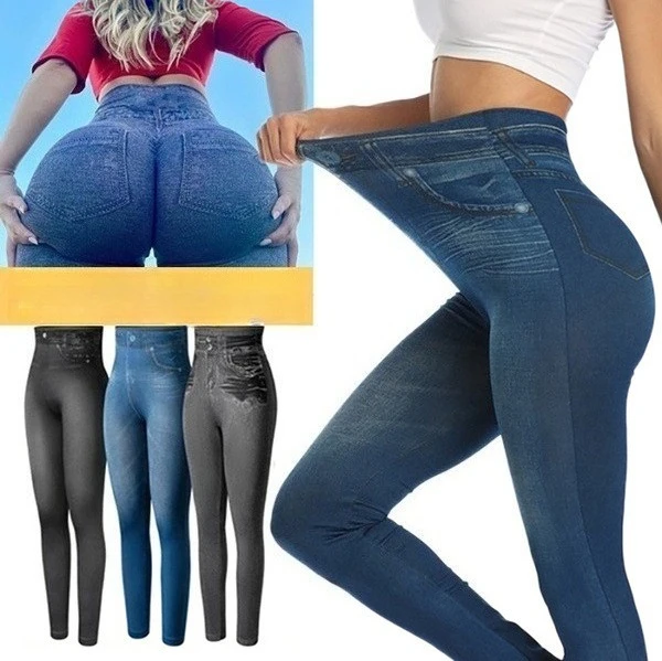 European American High Elasticity Denim Printed Leggings Women's High Waist Slim Leggings Gym Trainning Cycling Fashion Shorts