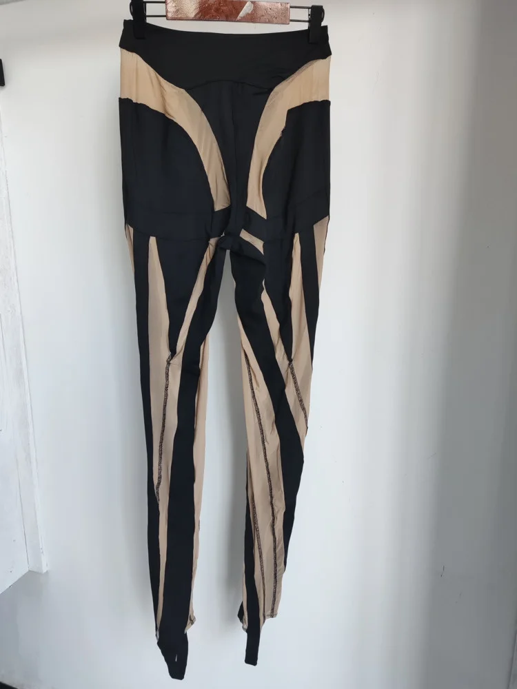 DEAT Fashion Women‘s High Waist Elastic Leggings Vertical Stripes Patchwork Gauze Trousers Female Summer 2024 New Tide WW969