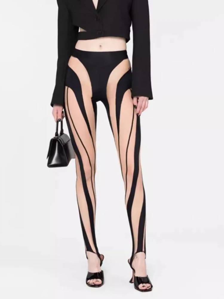DEAT Fashion Women‘s High Waist Elastic Leggings Vertical Stripes Patchwork Gauze Trousers Female Summer 2024 New Tide WW969