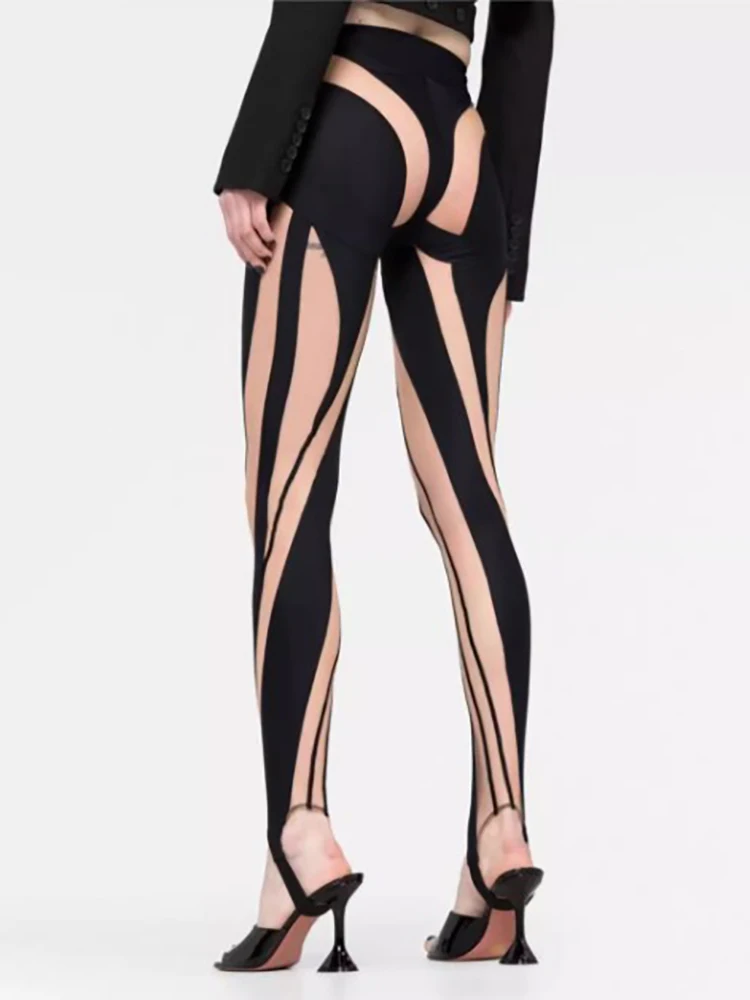 DEAT Fashion Women‘s High Waist Elastic Leggings Vertical Stripes Patchwork Gauze Trousers Female Summer 2024 New Tide WW969
