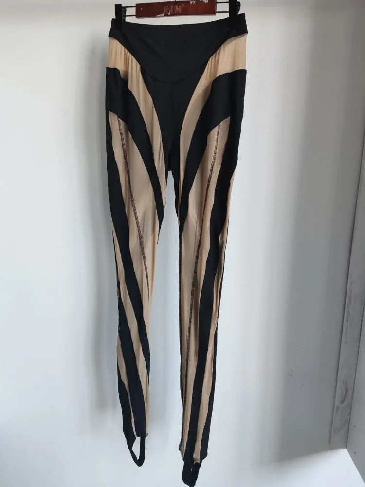 DEAT Fashion Women‘s High Waist Elastic Leggings Vertical Stripes Patchwork Gauze Trousers Female Summer 2024 New Tide WW969