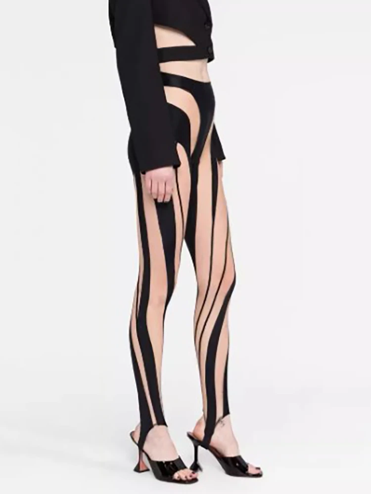 DEAT Fashion Women‘s High Waist Elastic Leggings Vertical Stripes Patchwork Gauze Trousers Female Summer 2024 New Tide WW969