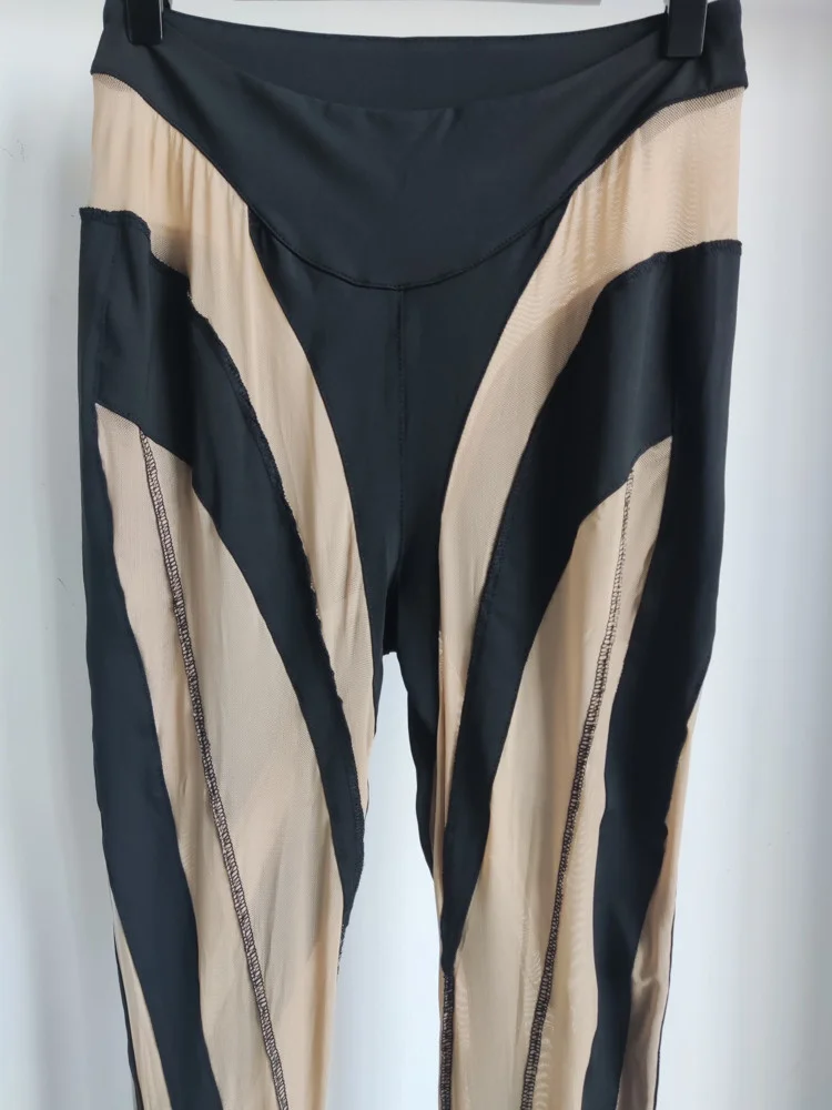 DEAT Fashion Women‘s High Waist Elastic Leggings Vertical Stripes Patchwork Gauze Trousers Female Summer 2024 New Tide WW969