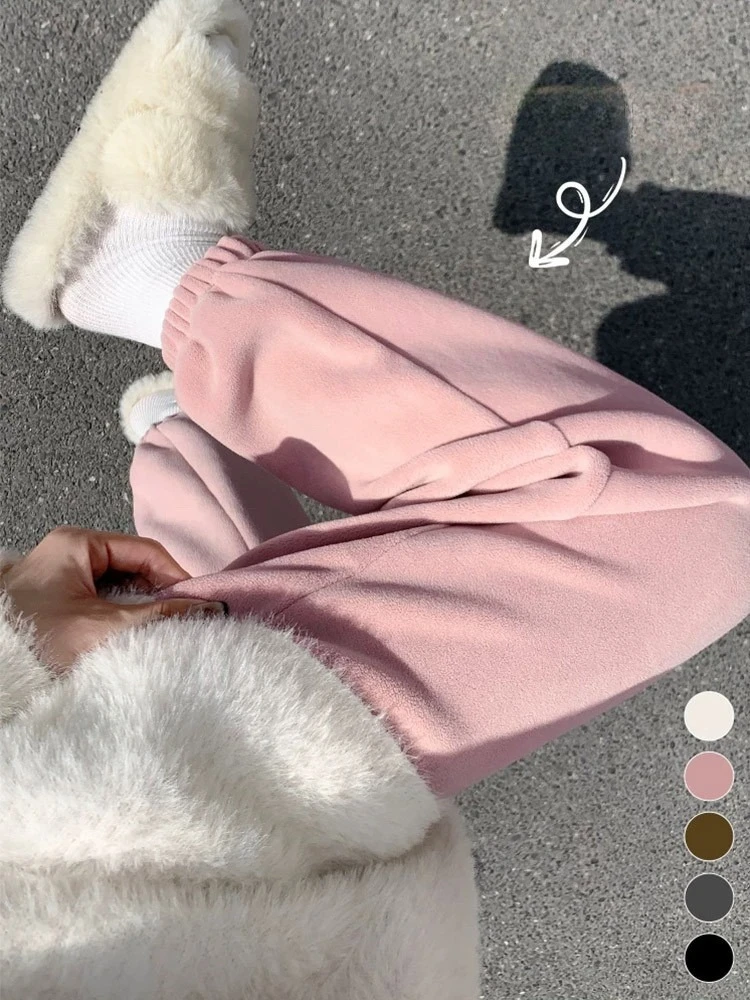 Pink Fleece Sports Pants for Women Autumn and Winter Thick Warm Cotton Pants Small Stature Ankle Binding Fleece Sanitary Pants