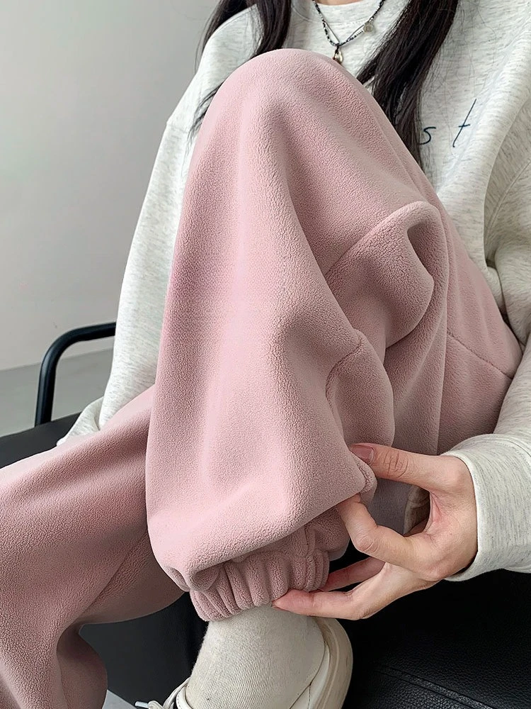 Pink Fleece Sports Pants for Women Autumn and Winter Thick Warm Cotton Pants Small Stature Ankle Binding Fleece Sanitary Pants