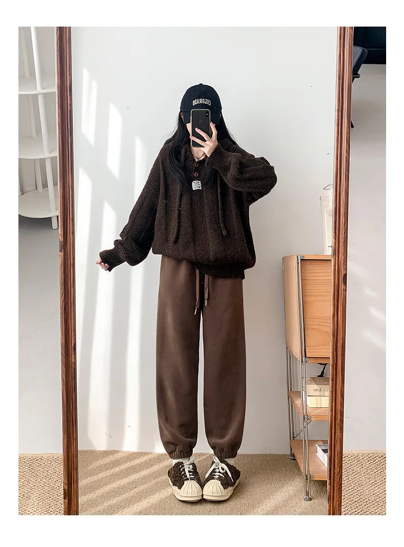 Pink Fleece Sports Pants for Women Autumn and Winter Thick Warm Cotton Pants Small Stature Ankle Binding Fleece Sanitary Pants