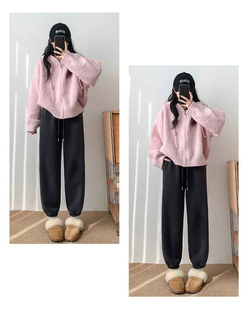 Pink Fleece Sports Pants for Women Autumn and Winter Thick Warm Cotton Pants Small Stature Ankle Binding Fleece Sanitary Pants