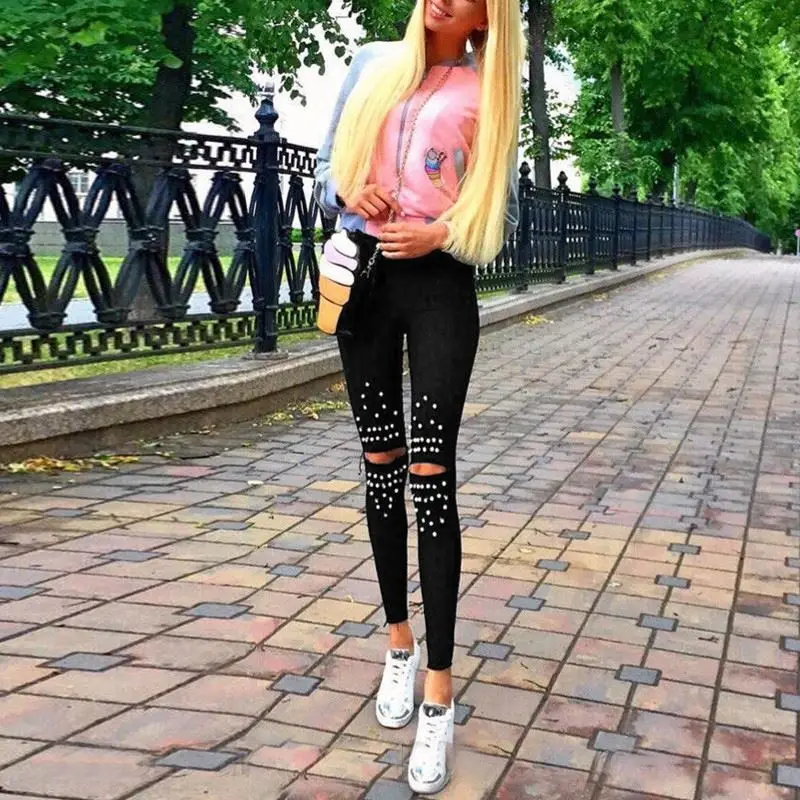 Casual Chic Leggings Knee Hole Leggings 2024 New Trendy Stretch Cut Holes Beads Decoration Lady Pants Skinny High Waist Leggings