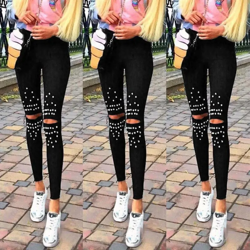 Casual Chic Leggings Knee Hole Leggings 2024 New Trendy Stretch Cut Holes Beads Decoration Lady Pants Skinny High Waist Leggings