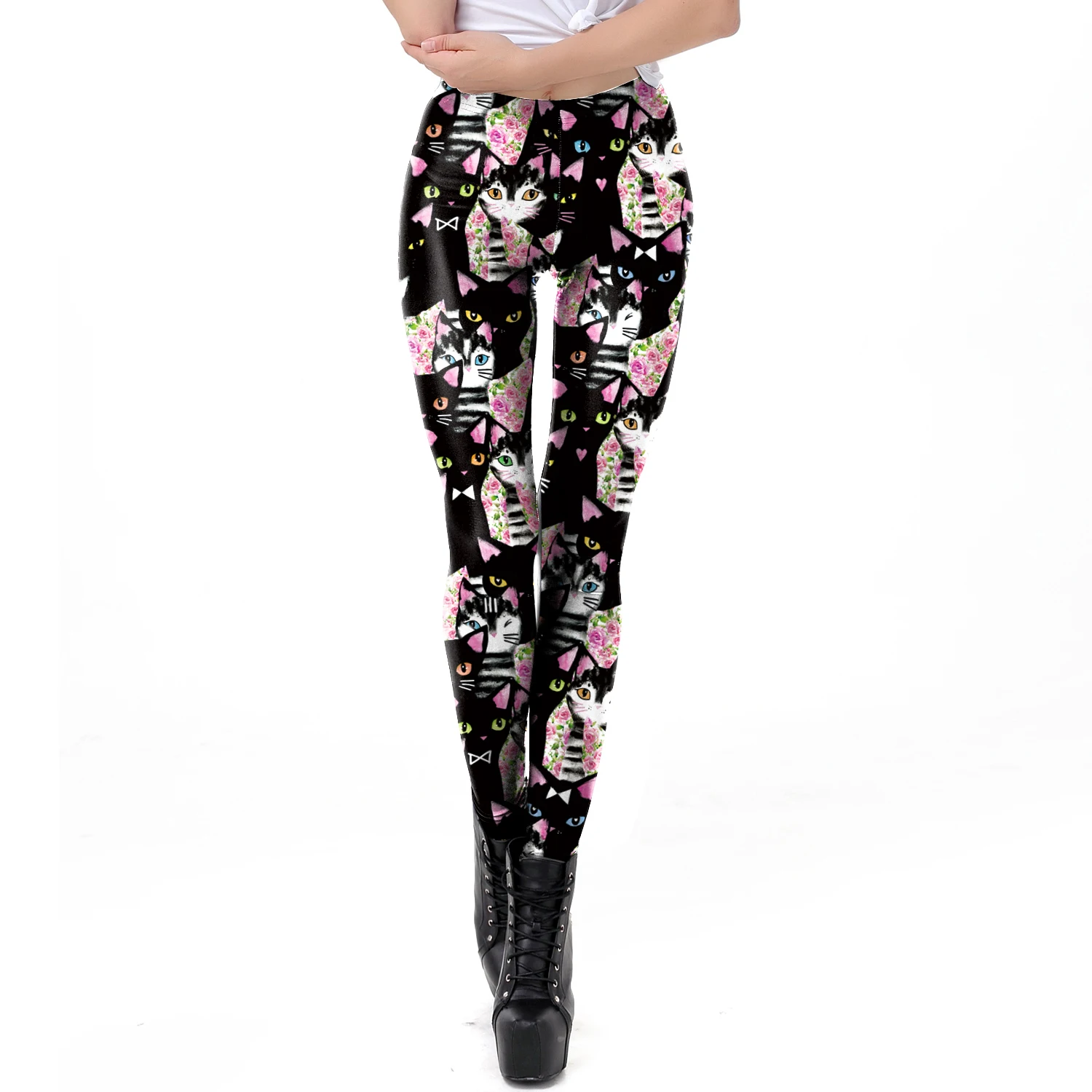 NADANBAO New Cartoon Women Leggings Cat Print Elastic Fitness Leggins High Quality Polyester Mid Waist Legins Spring
