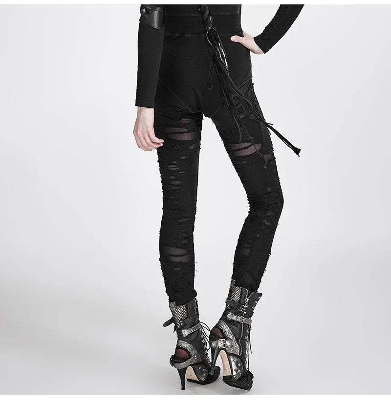 PUNK RAVE Gothic Women Broken Mesh Leggings High Elastic Holes Crocheted Breathable Ripped Pants Black Red Steampunk Charm Sexy
