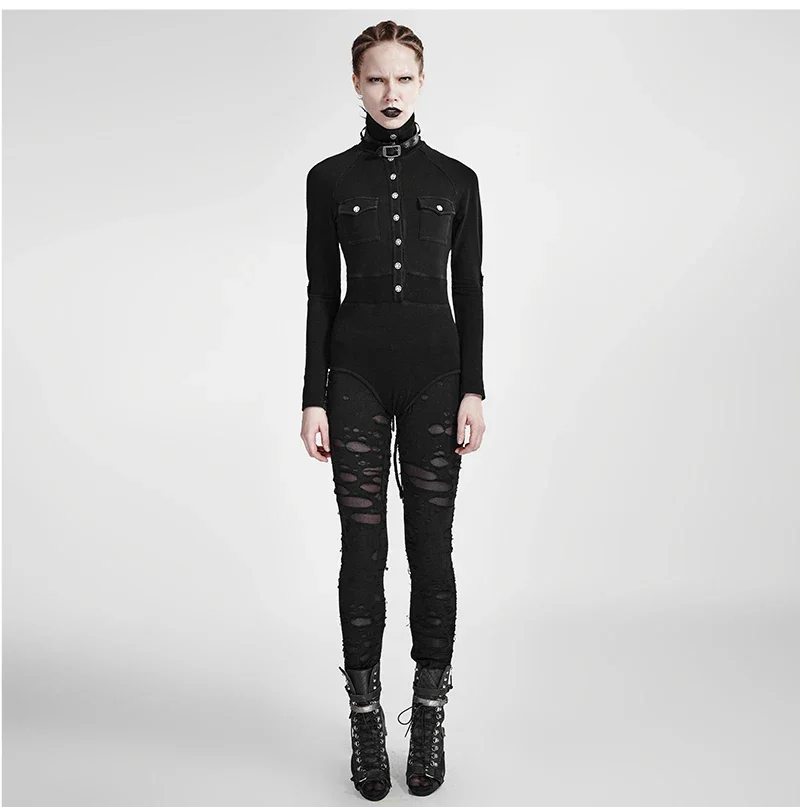 PUNK RAVE Gothic Women Broken Mesh Leggings High Elastic Holes Crocheted Breathable Ripped Pants Black Red Steampunk Charm Sexy