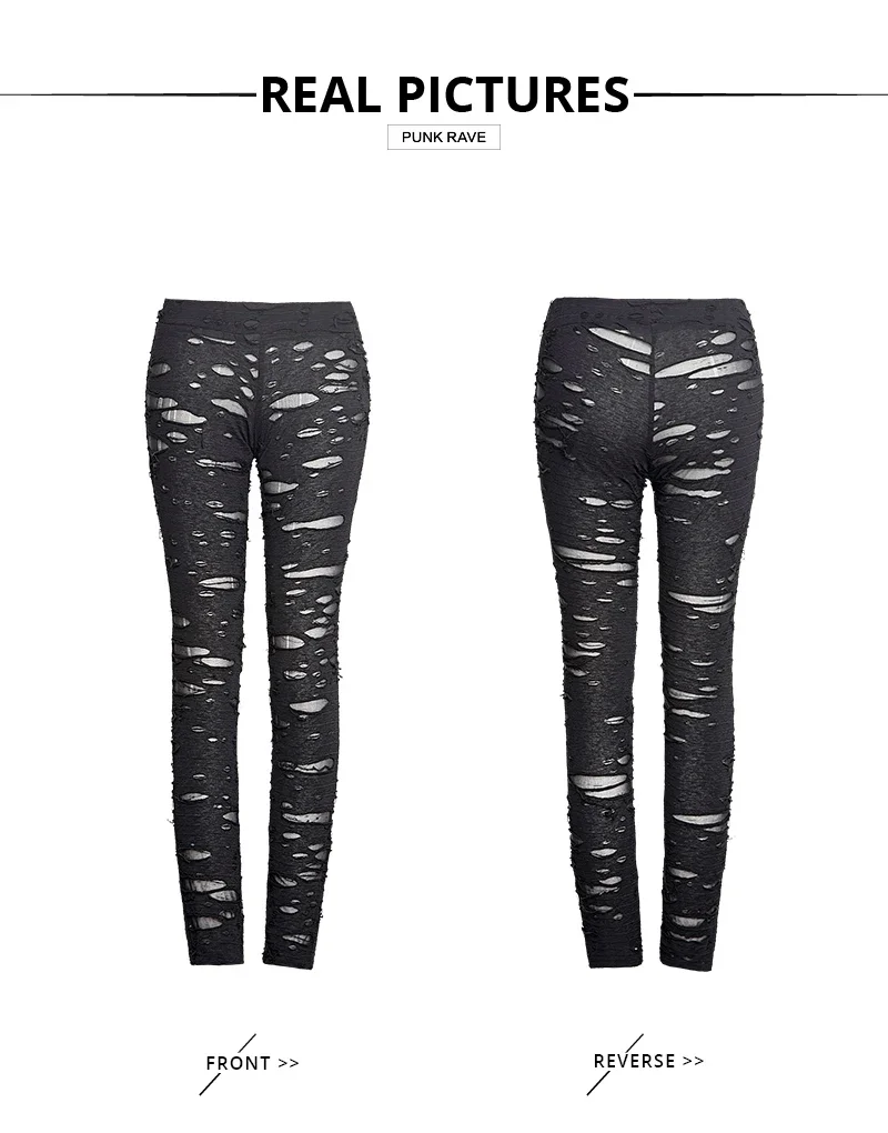 PUNK RAVE Gothic Women Broken Mesh Leggings High Elastic Holes Crocheted Breathable Ripped Pants Black Red Steampunk Charm Sexy