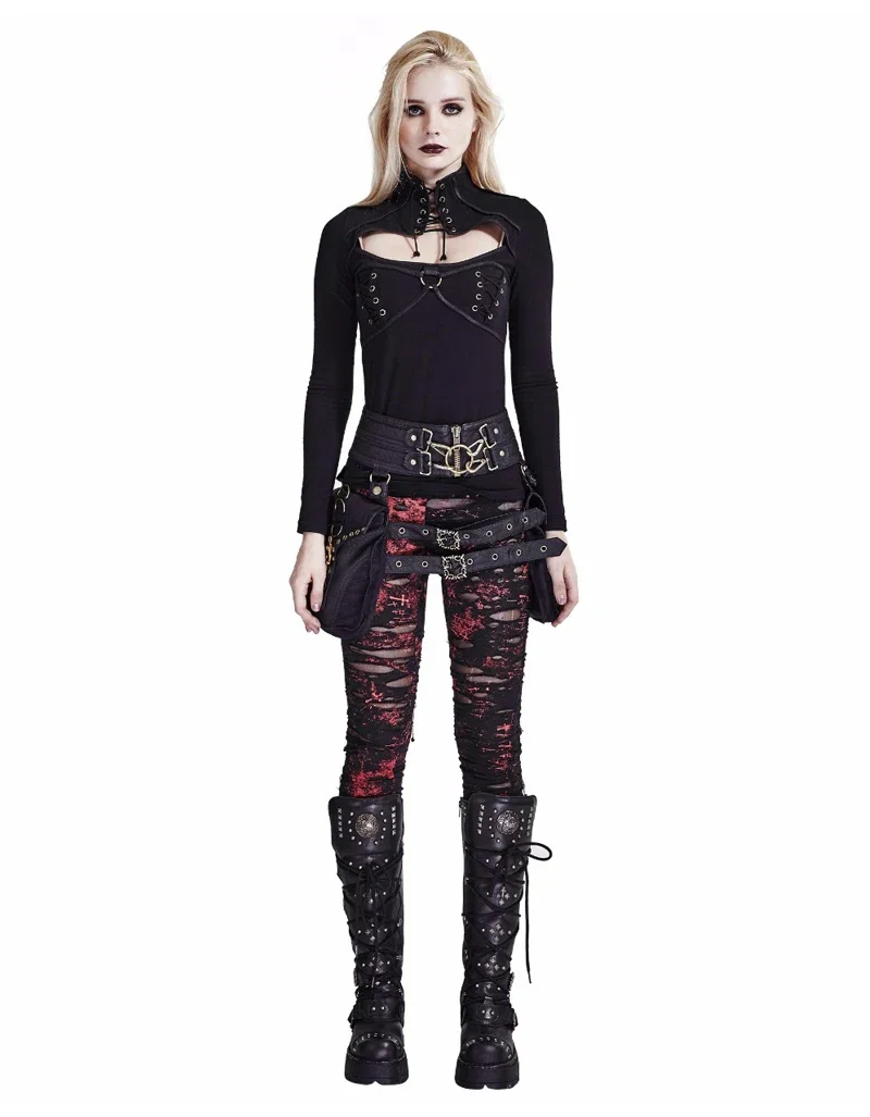 PUNK RAVE Gothic Women Broken Mesh Leggings High Elastic Holes Crocheted Breathable Ripped Pants Black Red Steampunk Charm Sexy