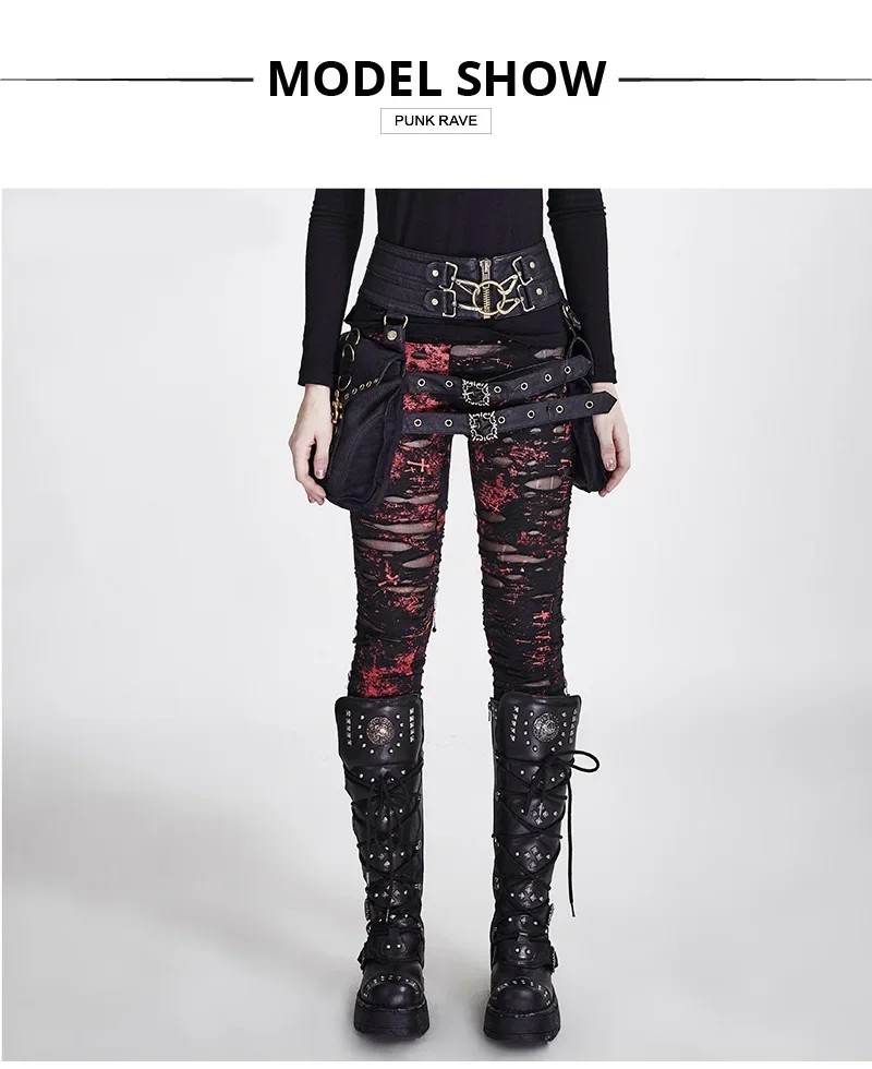 PUNK RAVE Gothic Women Broken Mesh Leggings High Elastic Holes Crocheted Breathable Ripped Pants Black Red Steampunk Charm Sexy