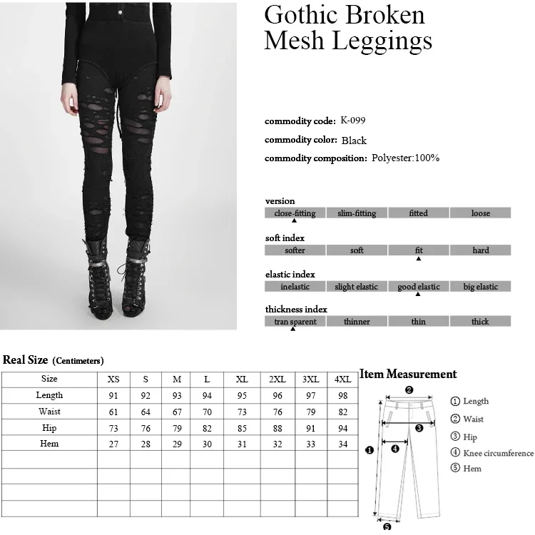 PUNK RAVE Gothic Women Broken Mesh Leggings High Elastic Holes Crocheted Breathable Ripped Pants Black Red Steampunk Charm Sexy