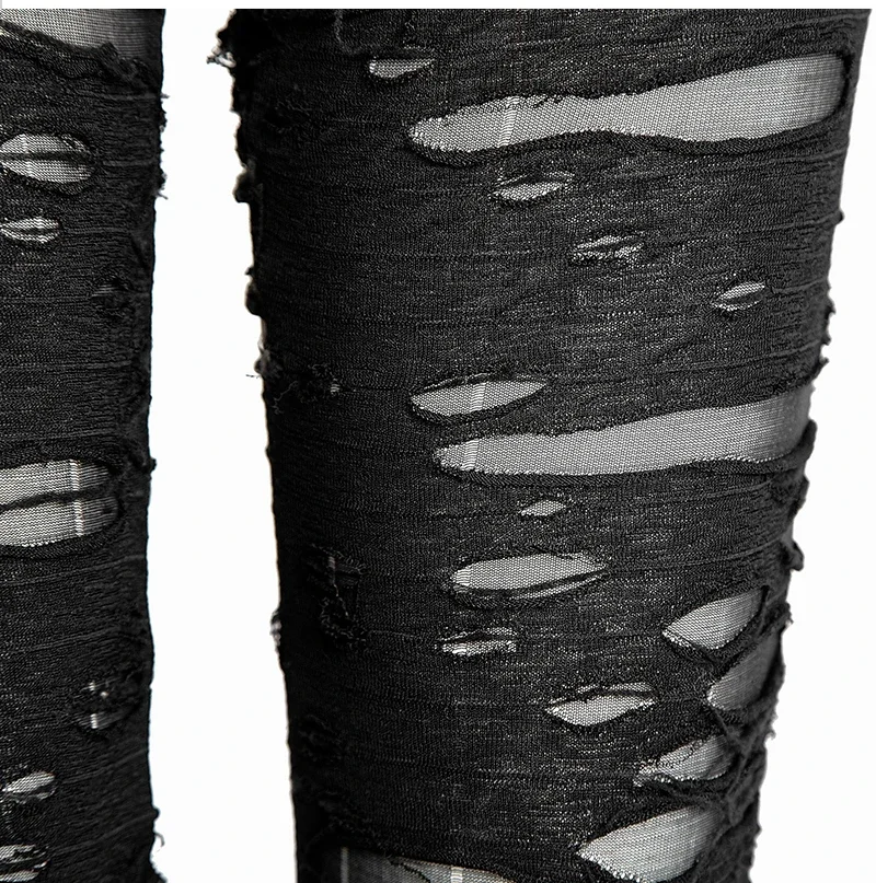 PUNK RAVE Gothic Women Broken Mesh Leggings High Elastic Holes Crocheted Breathable Ripped Pants Black Red Steampunk Charm Sexy