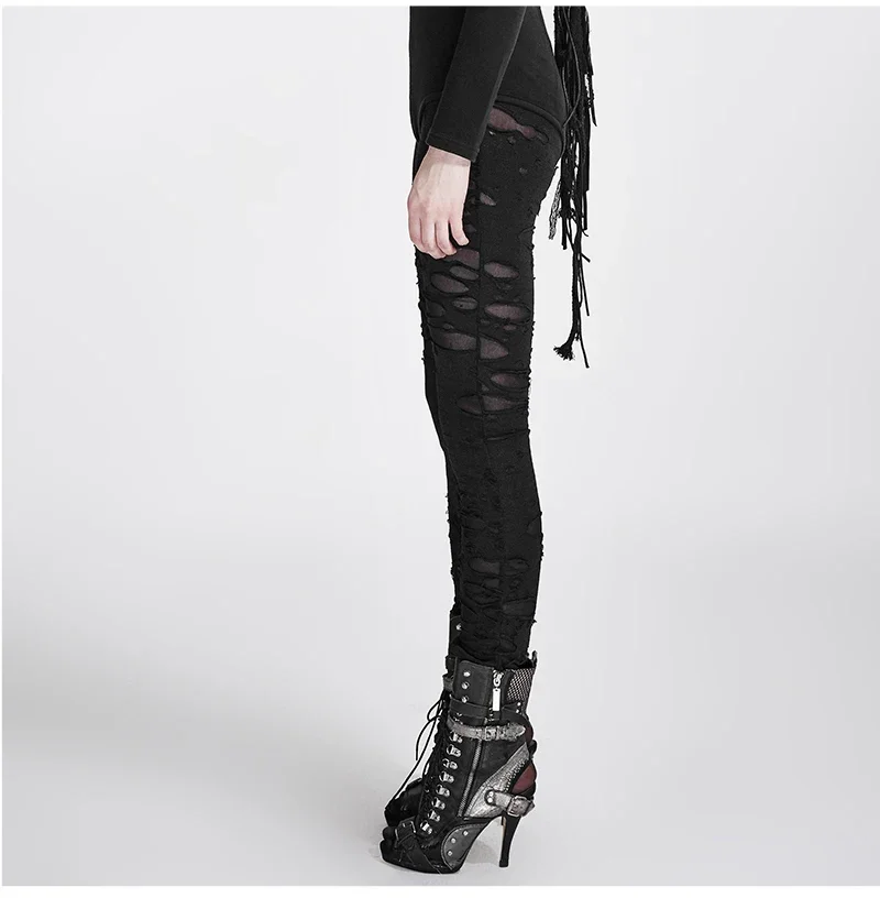 PUNK RAVE Gothic Women Broken Mesh Leggings High Elastic Holes Crocheted Breathable Ripped Pants Black Red Steampunk Charm Sexy
