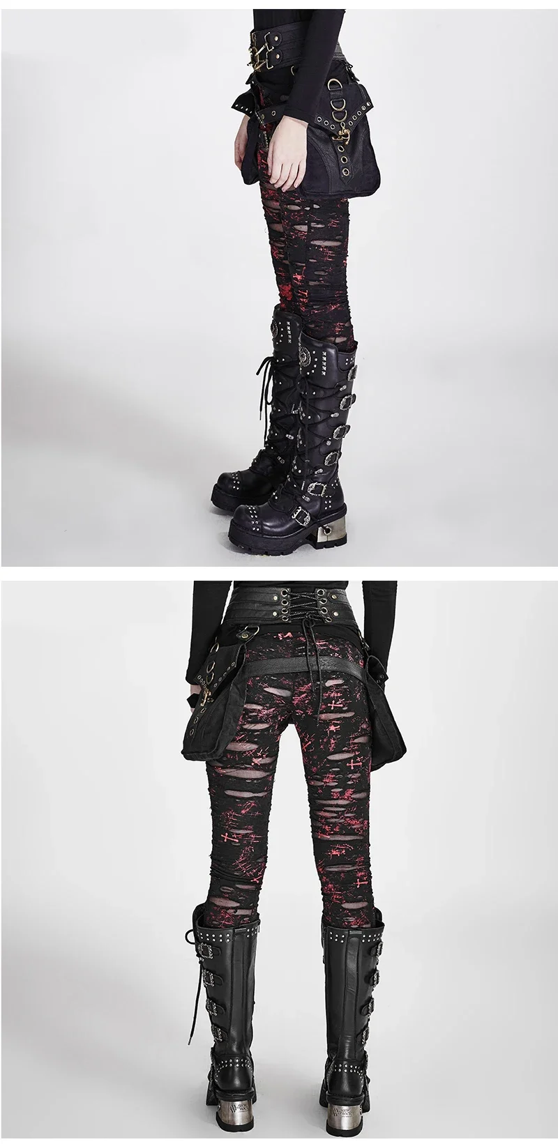 PUNK RAVE Gothic Women Broken Mesh Leggings High Elastic Holes Crocheted Breathable Ripped Pants Black Red Steampunk Charm Sexy