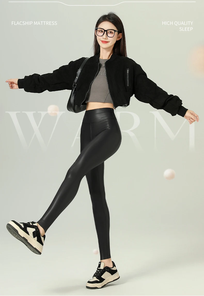 BIVIGAOS 2025 Fall Winter Baby PU Leather Leggings High Waist Elastic Slim Tight Sexy Leather Pants Thin Fleece Warm leggings