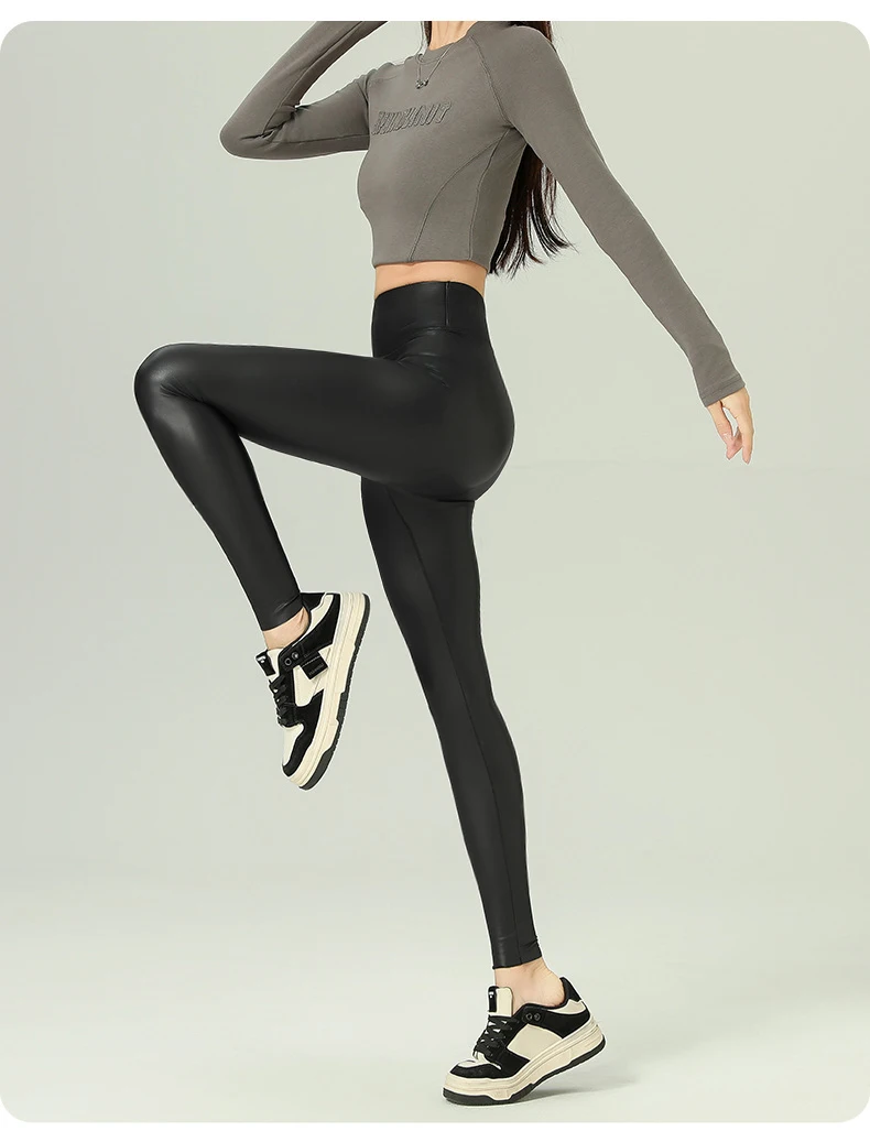 BIVIGAOS 2025 Fall Winter Baby PU Leather Leggings High Waist Elastic Slim Tight Sexy Leather Pants Thin Fleece Warm leggings