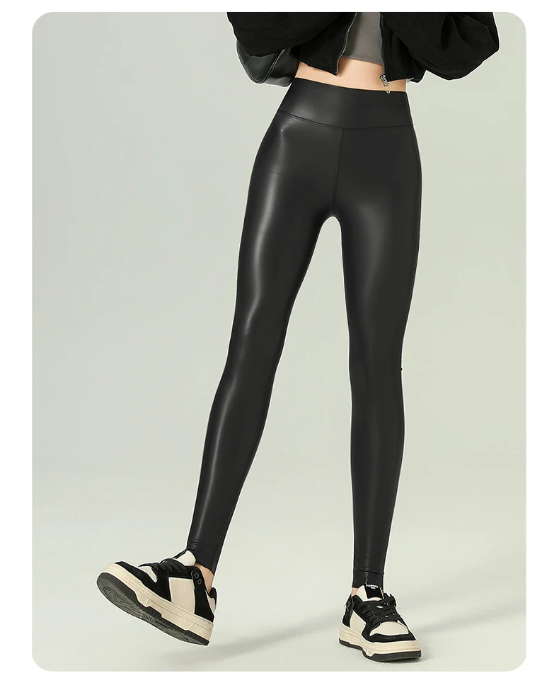 BIVIGAOS 2025 Fall Winter Baby PU Leather Leggings High Waist Elastic Slim Tight Sexy Leather Pants Thin Fleece Warm leggings