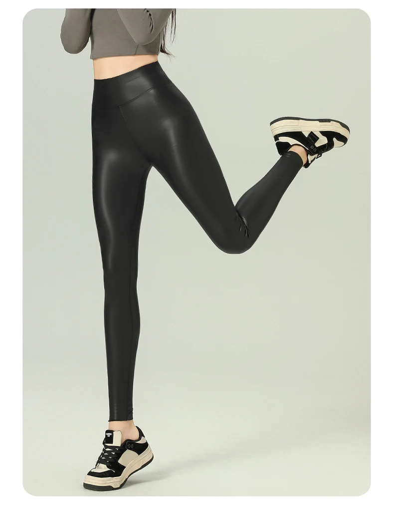 BIVIGAOS 2025 Fall Winter Baby PU Leather Leggings High Waist Elastic Slim Tight Sexy Leather Pants Thin Fleece Warm leggings