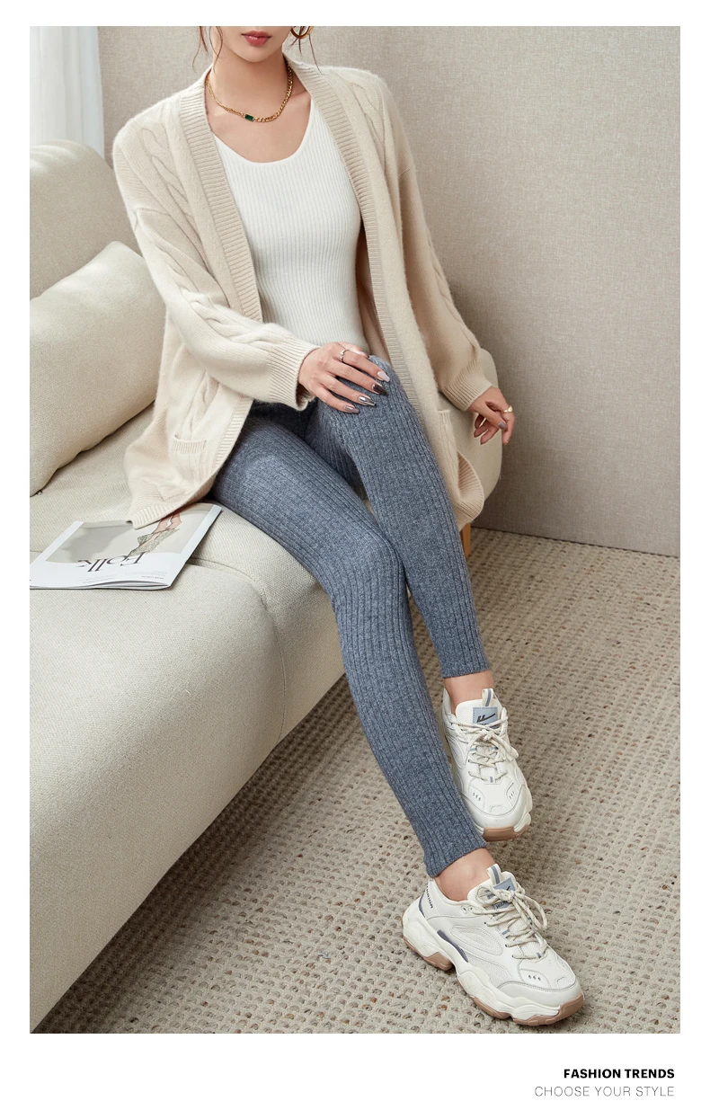 100% Merino Wool Striped Leggings Women's Winter Warm Knitted Tights Solid Color Women's Trousers