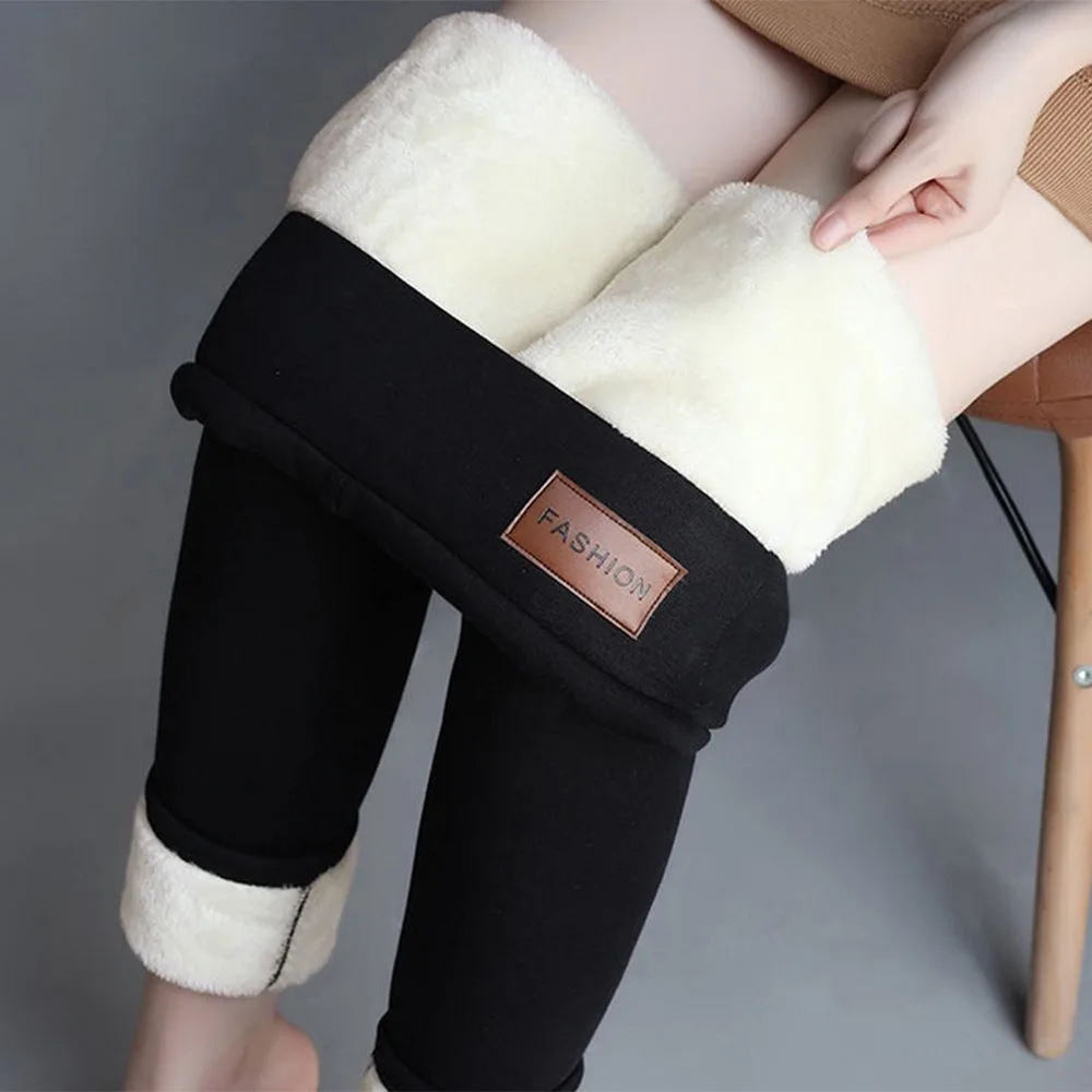 Fleece Lined Thermal Leggings Women Winter Leather Label Tights High Stretch Warm Fleece Lined Pants Outdoor Wear Cold Weather