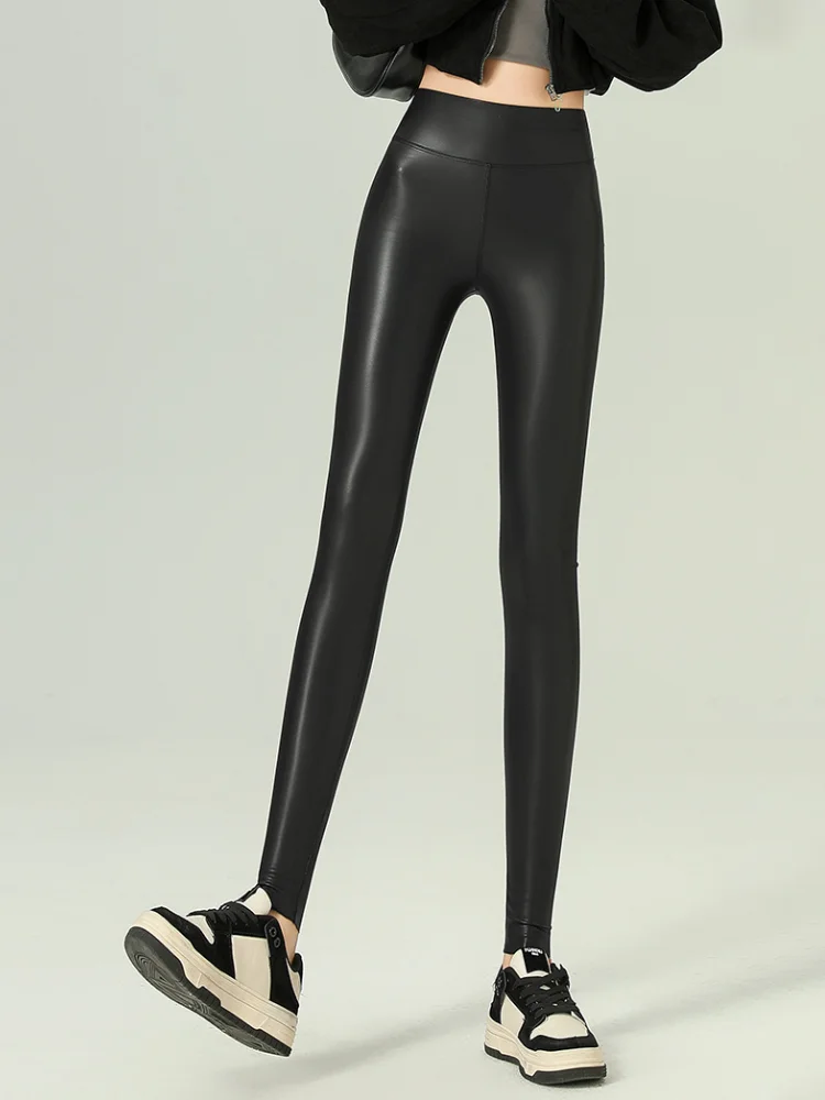 Plus Velvet Skinny Leather Leggings Stretch High Waist Leather Pants Elastic Trousers Women Black Sexy Keep Thermal Pants