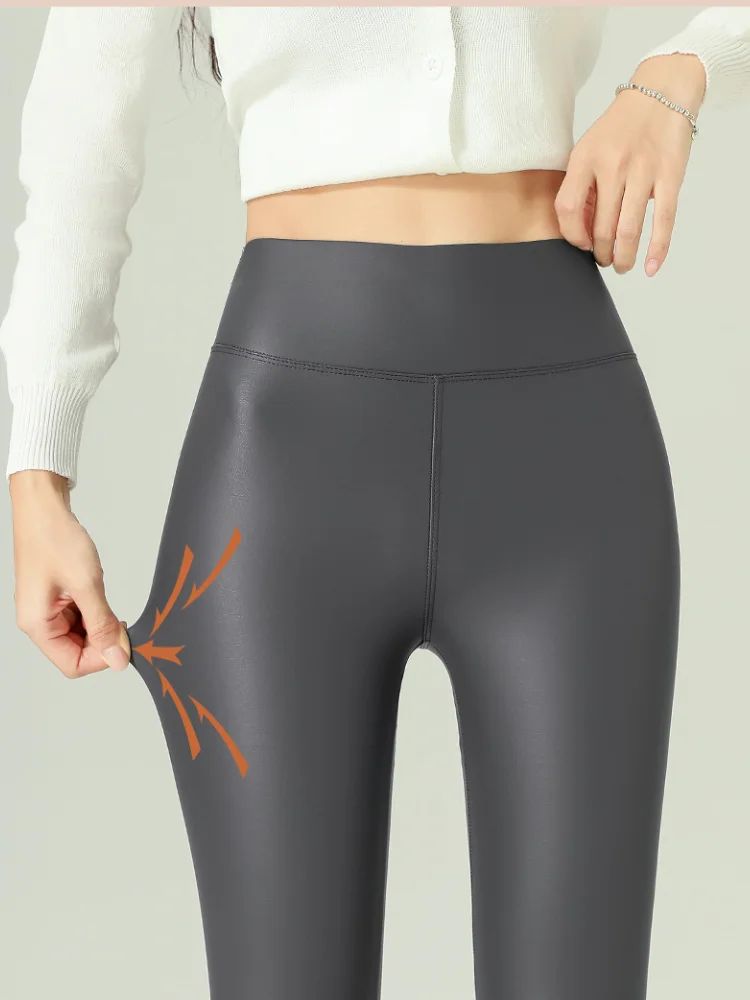 Plus Velvet Skinny Leather Leggings Stretch High Waist Leather Pants Elastic Trousers Women Black Sexy Keep Thermal Pants