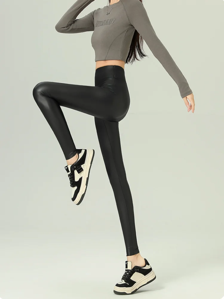 Plus Velvet Skinny Leather Leggings Stretch High Waist Leather Pants Elastic Trousers Women Black Sexy Keep Thermal Pants