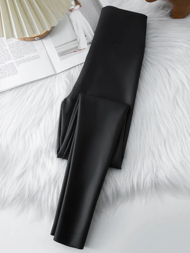 Plus Velvet Skinny Leather Leggings Stretch High Waist Leather Pants Elastic Trousers Women Black Sexy Keep Thermal Pants