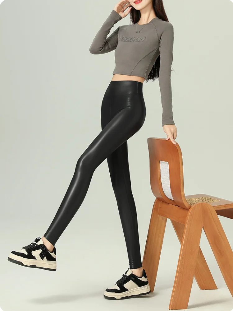 Plus Velvet Skinny Leather Leggings Stretch High Waist Leather Pants Elastic Trousers Women Black Sexy Keep Thermal Pants