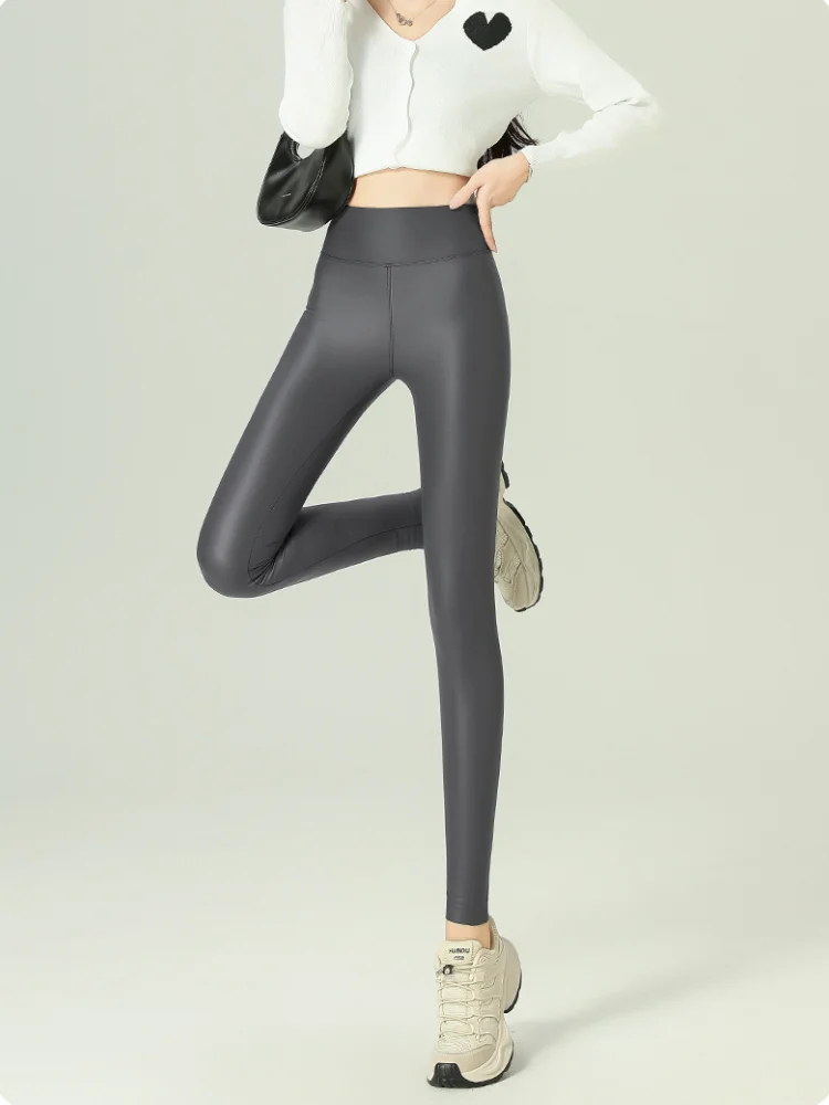 Plus Velvet Skinny Leather Leggings Stretch High Waist Leather Pants Elastic Trousers Women Black Sexy Keep Thermal Pants