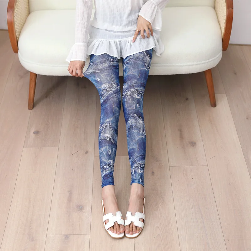 Nadanbao Summer Thin Cool Mesh Leggings Women Ultra-thin Sexy Pants 3D Printed Fashion Trousers Silk Slide Leggings for Dress