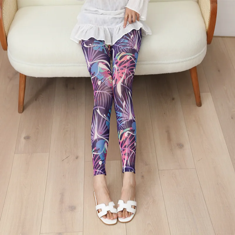 Nadanbao Summer Thin Cool Mesh Leggings Women Ultra-thin Sexy Pants 3D Printed Fashion Trousers Silk Slide Leggings for Dress