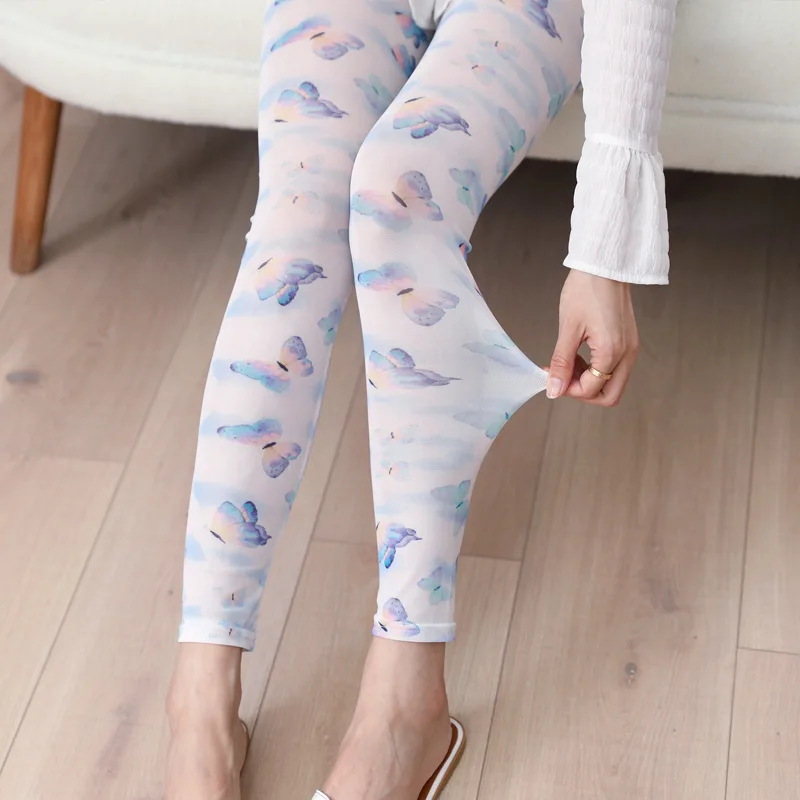 Nadanbao Summer Thin Cool Mesh Leggings Women Ultra-thin Sexy Pants 3D Printed Fashion Trousers Silk Slide Leggings for Dress