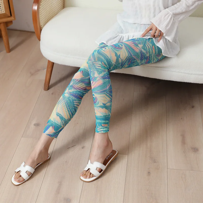 Nadanbao Summer Thin Cool Mesh Leggings Women Ultra-thin Sexy Pants 3D Printed Fashion Trousers Silk Slide Leggings for Dress