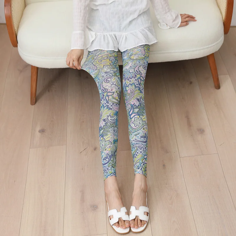 Nadanbao Summer Thin Cool Mesh Leggings Women Ultra-thin Sexy Pants 3D Printed Fashion Trousers Silk Slide Leggings for Dress