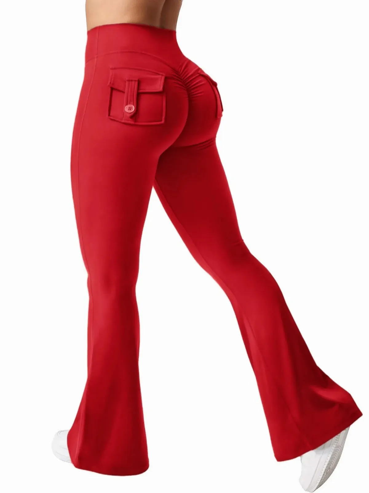 Women Flared Leggings with Pockets Gym Outdoor Fitness Athletic Workout Leggins Yoga Pants Sports Training Bell-bottomed Trouser