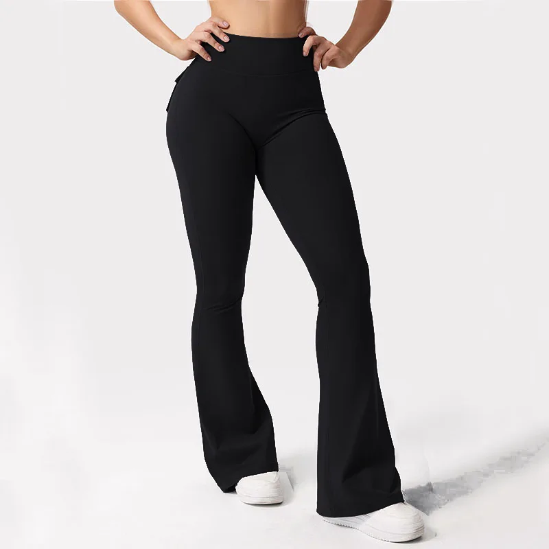Women Flared Leggings with Pockets Gym Outdoor Fitness Athletic Workout Leggins Yoga Pants Sports Training Bell-bottomed Trouser
