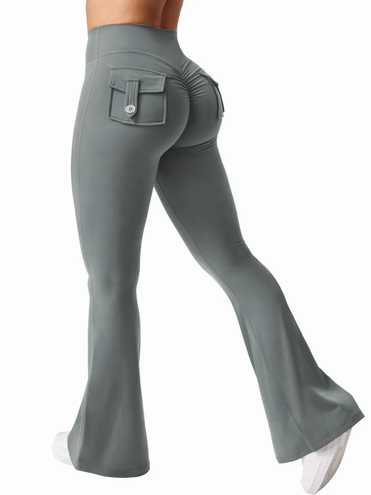 Women Flared Leggings with Pockets Gym Outdoor Fitness Athletic Workout Leggins Yoga Pants Sports Training Bell-bottomed Trouser