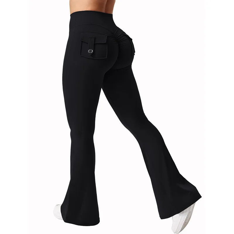 Women Flared Leggings with Pockets Gym Outdoor Fitness Athletic Workout Leggins Yoga Pants Sports Training Bell-bottomed Trouser