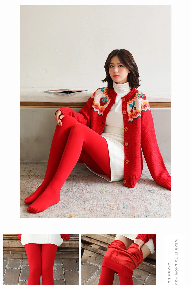 2023 New Design Women Red Leggings Autumn Winter Plush Thickened Pantyhose Wear Warm Pants Benmingnian 160g 300g High Quality