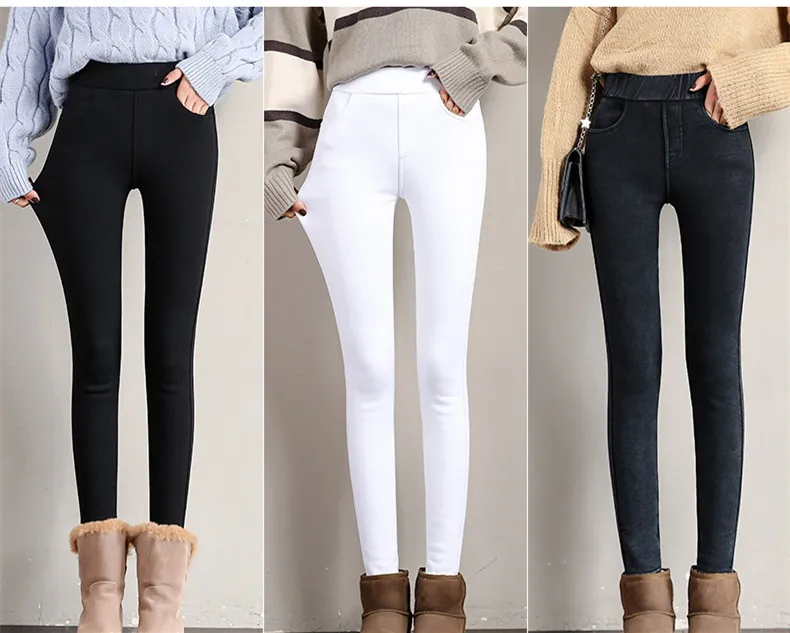 Winter Warm Leggings Women's Velvet Thick Slim Trousers Ladies Casual Elastic Waist Solid Stretch Skinny Pencil Pant White Black